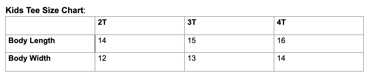 Kids Tee Sizing Guide